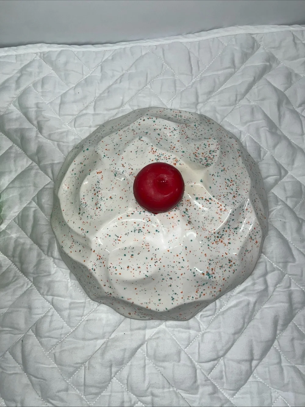 Vintage MCM Ceramic Cupcake Treat Jar - Green with White Frosting and Red Cherry